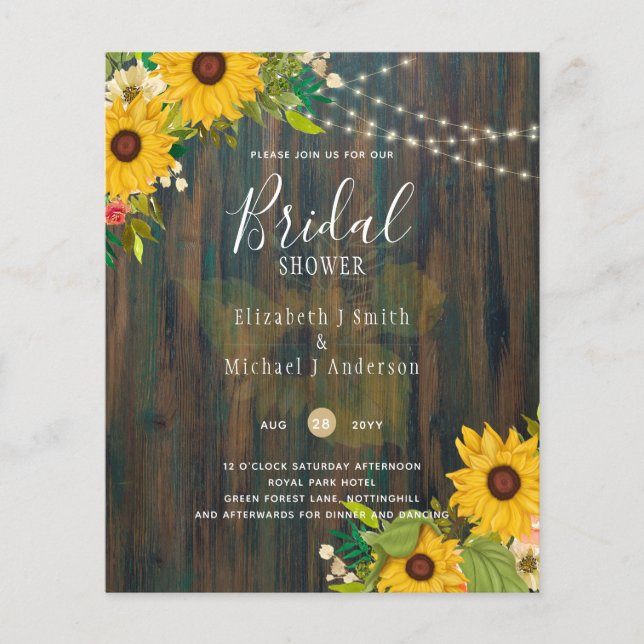 Sommersonnenblumen Rustikales Holz BRAUTPARTY INVI Flyer (Vorne)
