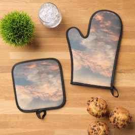 Sommersonnenuntergang Himmel blau, staubige rosa,  Ofenhandschuh & Topflappen-Set