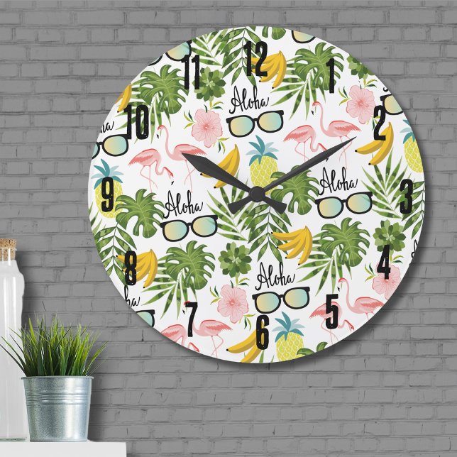 Sommerspass Niedlich tropisches Muster Große Wanduhr (Fun Cute Tropical Pineapple Pink Flamingo Pattern Large Clock)