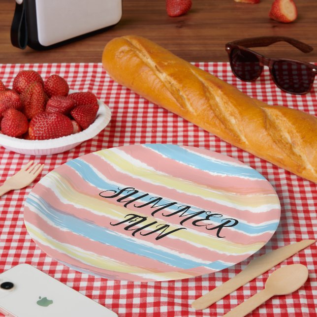 Sommerspass Rosa Gelbblau Wasserfarbe Pappteller (Picknick)