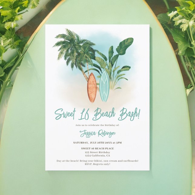 Sommerspass Tropischer Surf Sweet 16 Beach Bash Einladung (Summer Fun Tropical Surf Sweet 16 Beach Bash Invitation)