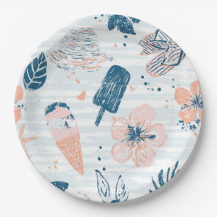 Sommersstrand Tropisches Blau Korallen Gestreift Pappteller