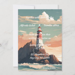 Sommerstrand Leuchtturm Aquarell Hochzeit Einladun Einladung