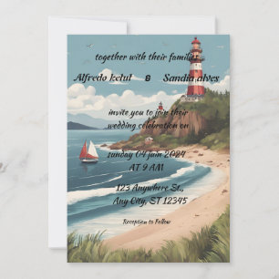 Sommerstrand Leuchtturm Aquarell Hochzeit Einladun Einladung