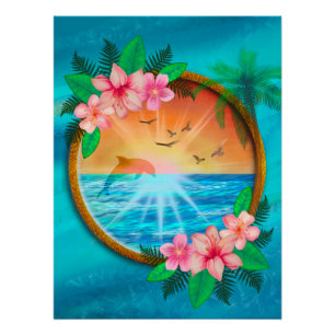 Sommerstrand Ozean Vögel fliegen am Himmel und Wur Poster