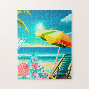 Sommerstrand-Schirme, Surfbrett und Baum