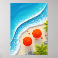 Sommerstrand Szene mit orangen Schirmen und Ozean