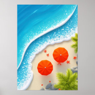 Sommerstrand Szene mit orangen Schirmen und Ozean Poster