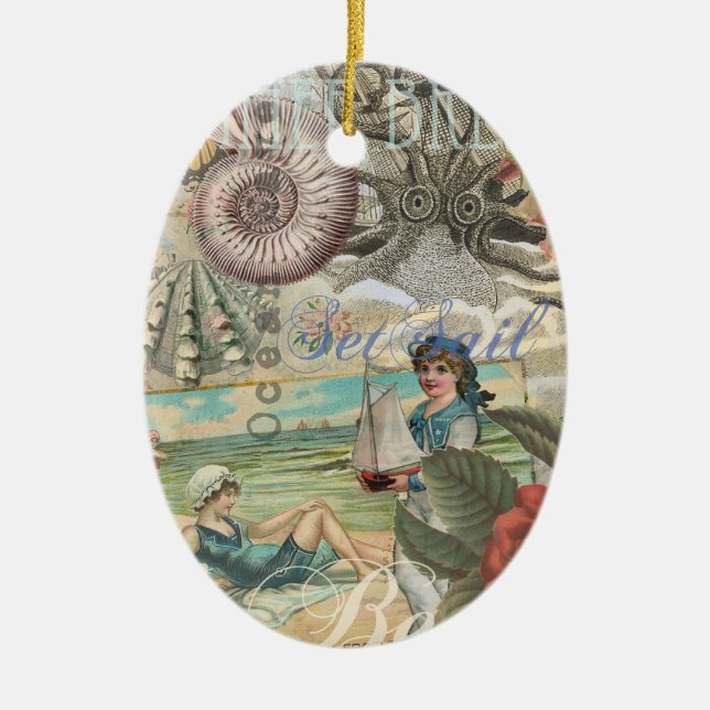 Sommerstrand Vintager Oktopus antikes Segeln Keramik Ornament (Vorne)