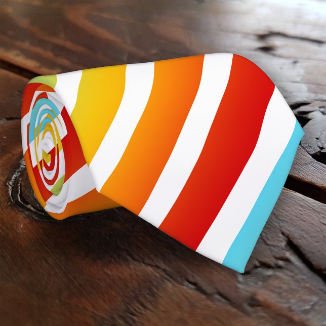 Sommerstreifen auf der Krawatte der Hintergrundfar (Tie featuring a modern happy rainbow striped pattern with a custom background color )