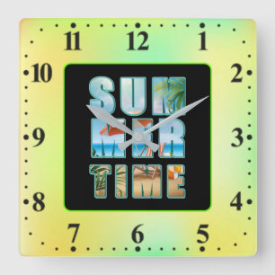 Sommertimext mit großen Buchstaben Strand-23430 Quadratische Wanduhr