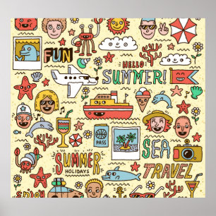 Sommerurlaub Reisen Doodle Set Poster