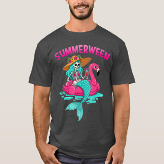 Sommerween Meerjungfrau Skelett Flamingo Strand Ha T-Shirt