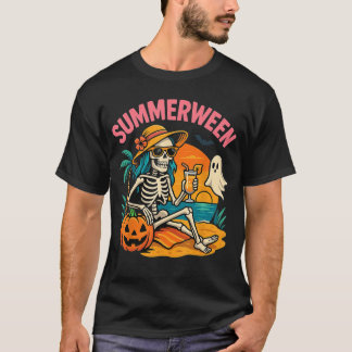 Sommerween-Skelett-Strand Gruselige Tropische Vibe T-Shirt
