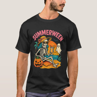 Sommerween-Skelett-Strand Gruselige Tropische Vibe T-Shirt