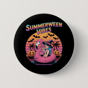 Sommerween Stimmung Hexe Flamingo Button