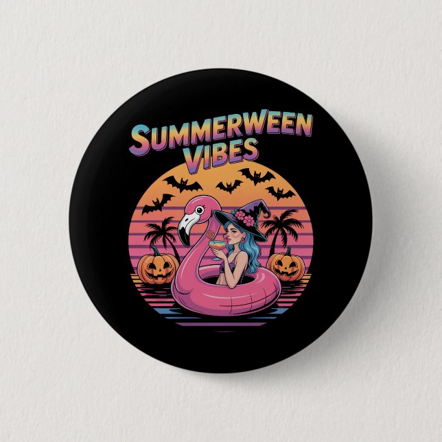 Sommerween Stimmung Hexe Flamingo Button (Vorderseite)