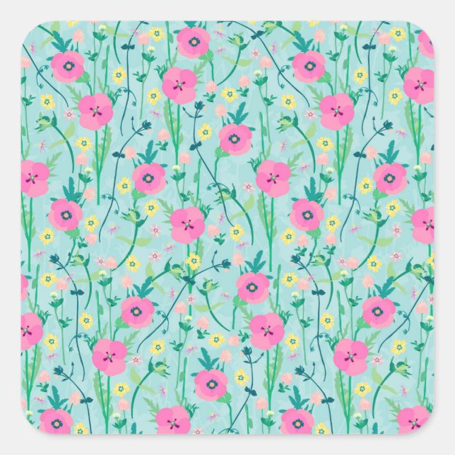 Sommerweide Flora Natur Aquamarine Illustration Quadratischer Aufkleber (Vorderseite)