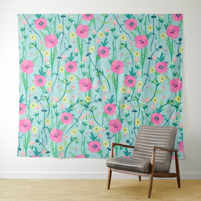 Sommerweide Flora Natur Aquamarine Illustration Wandteppich (Beispiel (Horizontal))