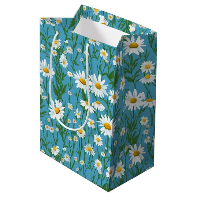 Sommerweiße Zeitungen auf Aqua Mittlere Geschenktüte (Rückseite Schrägansicht)
