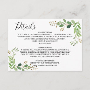 Sommerwiese Blätter Wasserfarbe Hochzeitdetails Begleitkarte