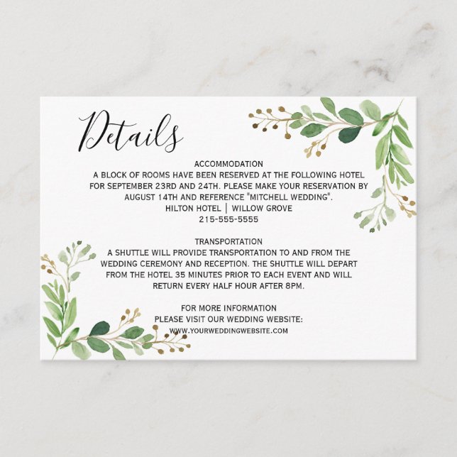 Sommerwiese Blätter Wasserfarbe Hochzeitdetails Begleitkarte (Vorderseite)