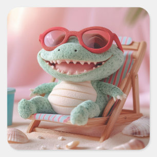 Sommerwoben: Chillin' Plush Crocodile on Vacation Quadratischer Aufkleber