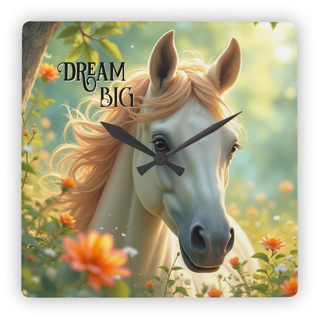 Sommerzeit des Traumpferdes Quadratische Wanduhr (Wall clock featuring a pretty painting of a dreamy horse in a summer scene)
