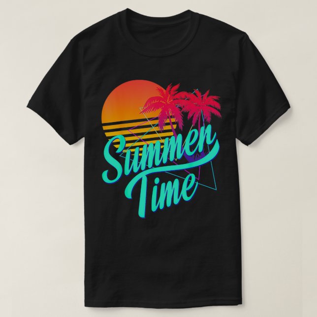 Sommerzeit Retro 80er Beach Szene mit Palmen Bäume T-Shirt (Design vorne)