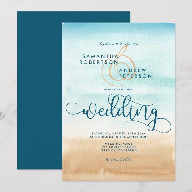Sommerziel Strand schicke Hochzeitsschrift Einladung (Vorne/Hinten)