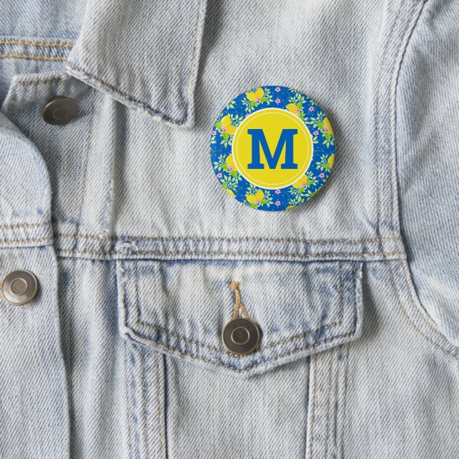 Sommrige blaue und gelbe Zitronen Blumenmuster Button (Beispiel)