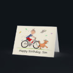 Son Birthday Cartoon eines jungen Reitstalls Karte<br><div class="desc">Das ist eine amüsante Karte für jemanden, der seinen Sohn zum Geburtstag schenken kann. Es ist eine Cartoon-Karikatur eines Jungen auf seinem Fahrrad, der hinter einem lächelnden braunen Hund herumspielt, umgeben von Schmetterlingen und einem Vogel. Der junge Junge trägt rote Hosen und Socken, ein blaues bis Shirt und weiße Trainer....</div>