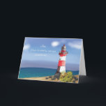 Son Birthday Coastal Lighthouse Karte<br><div class="desc">Feiern Sie den Geburtstag Ihres Sohnes mit dieser charmanten,  an der Küste thematischen Grußkarte. Freuen Sie sich auf eine ruhige Strandlandschaft mit glitzerndem Wasser,  felsigen Ufern und einem lebhaften rot-weißen Leuchtturm. Lass ihm,  dass sein Licht hell leuchtet!</div>