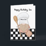 Son Birthday Whimsical Gnome Koch Cooking Karte<br><div class="desc">Ein lustiger gnomischer Koch trägt einen Kochhut und hält einen Holzlöffel und einen Topfhalter. Er ist auf einem Vintag aussehenden schwarz-weißen Küchenboden stehend. Perfekte Geburtstagskarte,  um Ihrem kochenden Sohn ein bisschen Spaß zu machen!</div>