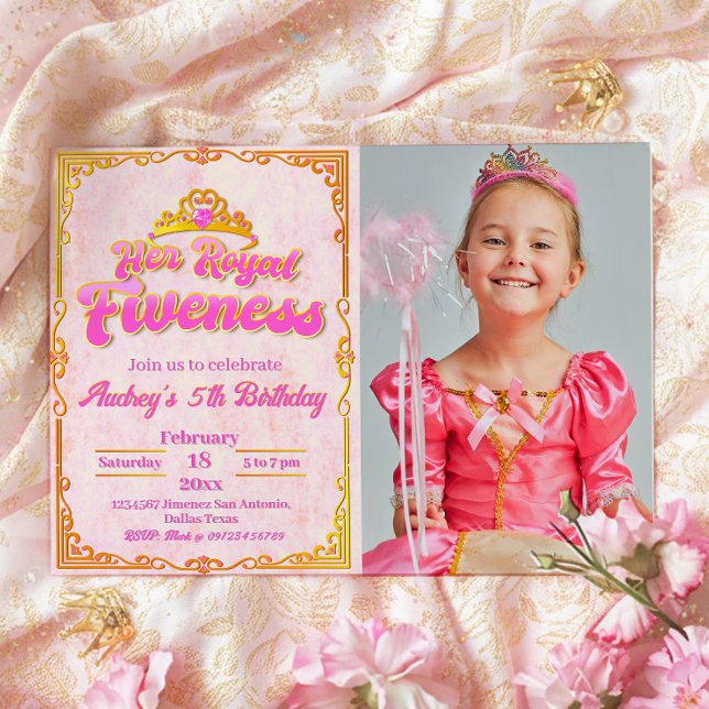Son fief royal - Girl 5th Birthday Invitation (Her Royal Fiveness - Princess Girl 5th Birthday Landscape Invitation with Photo)