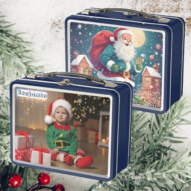 Son Foto | Weihnachtsgeschenke | Kids Blue Metall Brotdose (Front And Back)