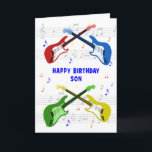 Son Guitars Birthday Card Karte<br><div class="desc">Eine schöne Geburtstagskarte für einen Sohn. Elektrische Gitarre farbenfrohe Kunst mit einer Musikskala im Hintergrund. Du kannst nicht zu viele Gitarren haben. Eine sehr coole Gitarren-Geburtstagskarte feiert die Energie und den Spaß dieses Musikinstruments. Eine perfekte Geburtstagskarte für Gitarristen und Musikliebhaber.</div>