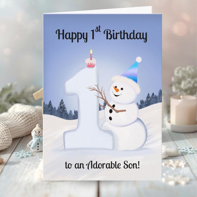 Son Happy 1st Birthday Snowman Building Karte (Von Creator hochgeladen)