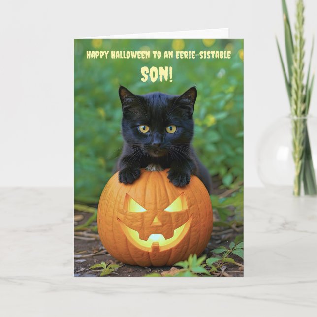 Son Happy Halloween Niedlich Black Cat Kitten Karte (Vorderseite)