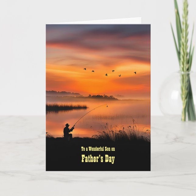 Son Happy Vathers Day Man Fischen mit Sonnenunterg Karte (Vorderseite)