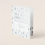 Son Merry Christmas Trees Silver Foil Card Folienkarte<br><div class="desc">Silver-Folie Weihnachtskarte mit "Frohe Weihnachten für einen wunderbaren Sohn" in festlicher Typografie und handgeschriebener Schrift. Die Vorlage ist für Sie Set, um den Empfänger zu bearbeiten, wenn Sie möchten und Sie können auch die Gruß innerhalb. Das Design ist mit einem Wald von einfachen, gezeichneten Weihnachtsbäumen (echte Silberfolie auf der Außenseite...</div>