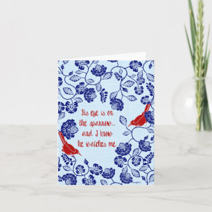 Son oeil est sur la carte de voeux de moineau