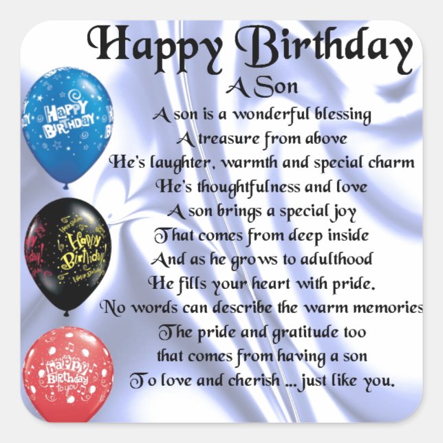 Son Poem - Happy Birthday Quadratischer Aufkleber (Vorderseite)