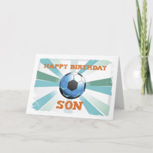 Son Soccer Geburtstag mit Ball, Orange auf Aquamar Karte