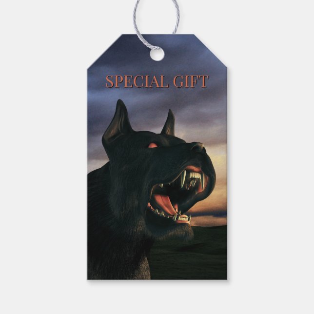 Sondergeschenk. Großer, schwarzer Hund Geschenkanhänger (Vorderseite)