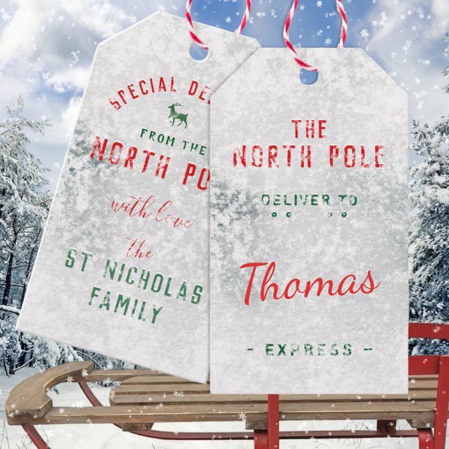 Sonderlieferung aus dem Nordpol Name hinzufügen Geschenkanhänger (Special Delivery From The North Pole Add Name Christmas Holiday Gift Wrapping Name Tags)