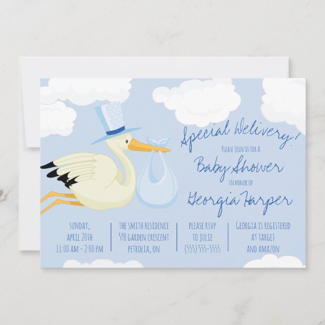 Sonderlieferung!  Blue Stork Baby Dusche Einladung (Vorderseite)