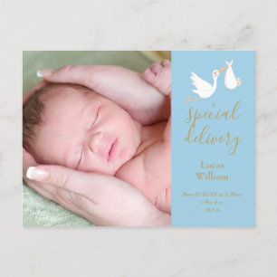 Sonderlieferung Storch Baby Junge Foto Blau Geburt Ankündigungspostkarte