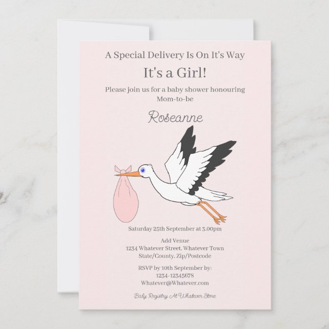 Sonderlieferung Stork Baby Girl Babydusche Einladung (Vorderseite)