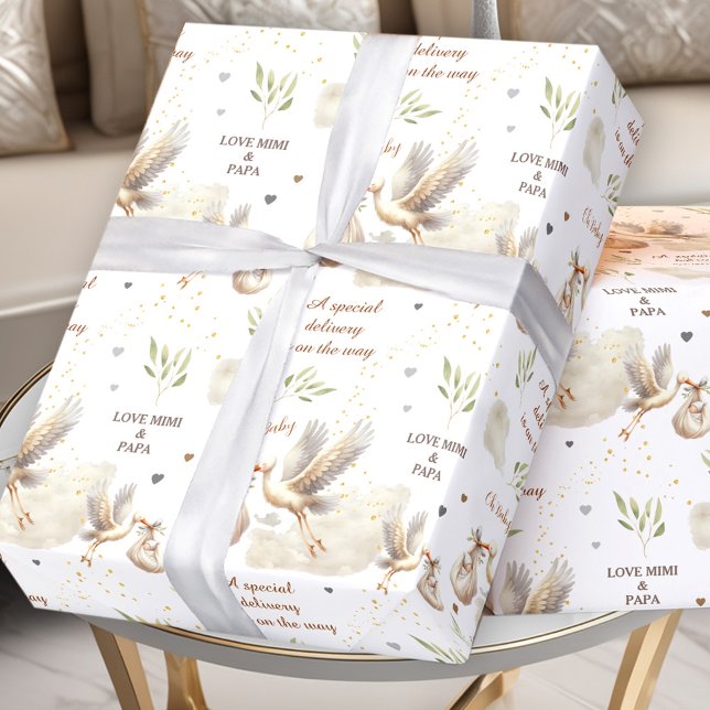 Sonderlieferung Unisex Stork Neuer Name des Babys Geschenkpapier (Special Delivery Unisex Stork New Baby Name Text Wrapping Paper)